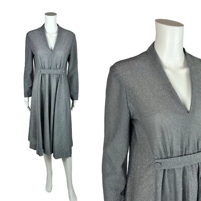 Vintage 70s Cocktail Dress Women's S/M Silver Metallic Lame Party Long Sleeves - Image 1 of 4