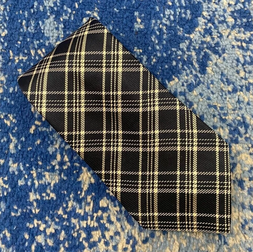 Corbata a Cuadros Ralph Lauren Etiqueta Púrpura Azul Marino Crema Plata Sesgada Hecha a Mano  Foto 1 de 4