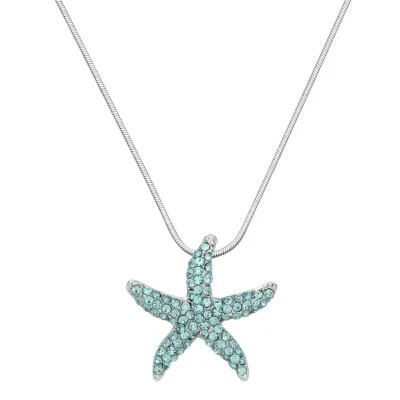 Starfish Necklace Rhinestone Crystal Pendant Sea Life Beach Sand SILVER AQUA - Image 1 of 2