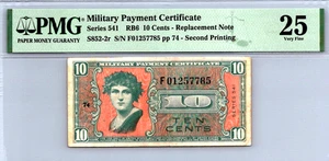 Series 541 10 Cents Second Printing Replacement Note PMG 25 Very Fine S852-2r - Picture 1 of 12