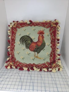 Vintage Wool PETIT POINT Needlepoint ROOSTER Pillow Velvet back 20”x20” EUC - Picture 1 of 6