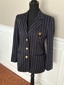 Lauren Ralph Lauren Womens Crown Crest Logo Blazer 8P Navy Pinstripe Cotton - Picture 1 of 15