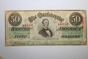 T-57 1863 $50 Fifty Dollars Confederate States of America Currency Note (40449) - Picture 1 of 4