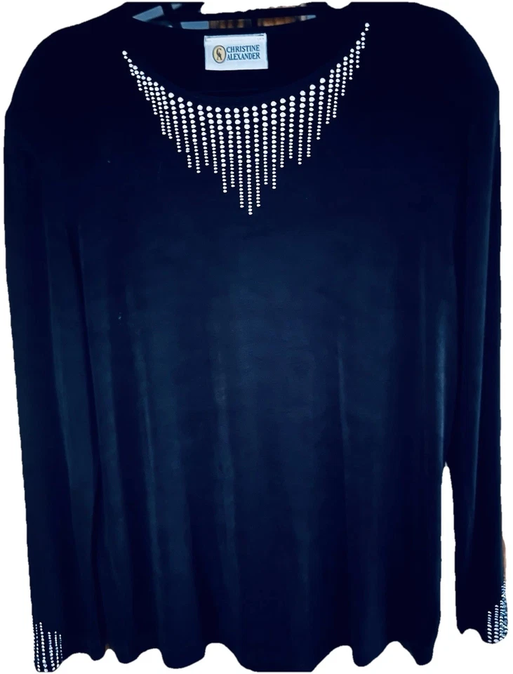 Top CHRISTINE ALEXANDER con pedrería Swarovski y ojales plateados, talla XL Foto 1 de 3