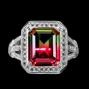 925 Sterling Silver Ring Octagon Tourmaline Synthetic Watermelon 12x10mm Sz 7.5 - Picture 1 of 14