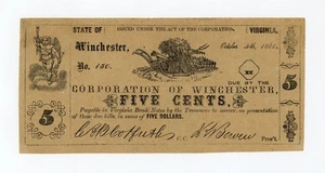 1861 5c The Corporation of Winchester, VIRGINIA (Upham CTFT.) Note - Picture 1 of 2