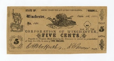 1861 5c The Corporation of Winchester, VIRGINIA (Upham CTFT.) Note - Image 1 of 2