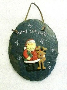HENTON Santa Claus and Reindeer Slate Wall Hanging 8” Merry Christmas - Picture 1 of 5