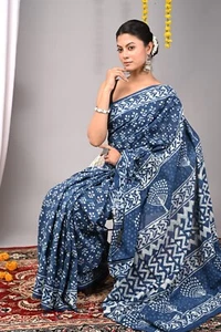 Indian Women Saree Pure Cotton Hand Block Printed Designer Sari & Blouse Dress - Picture 1 of 3