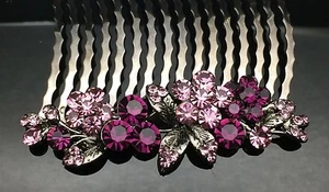 Purple Flower Formal Bridal Wedding Crystal Large Hair Comb Clip 8cm Long Black - Picture 1 of 3