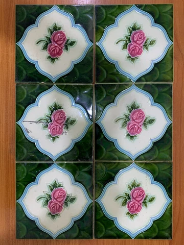 TILES JAPAN 6 PCS MAJOLICA GREEN RARE VINTAGE ANTIQUE CERAMIC COLLECTIBLE 1930S Cover