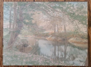 Antique Signed Wallace Nutting Print Hand Tinted Colored Photograph Stream Trees - Picture 1 of 19