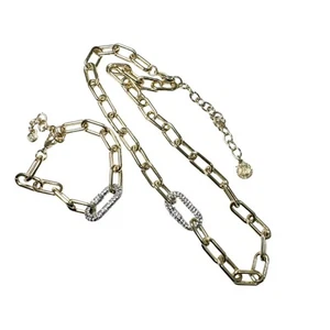 R.J. Graziano Paper Clip Necklace & Bracelet Gold tone w Crystal Pave Link New - Picture 1 of 7