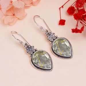 Orecchini gioielli in argento sterling 925 fatti a mano con pietre preziose quarzo rutilato dorato - Foto 1 di 4