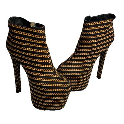 Cadena Dorada Estampado de Eslabones Negro Plataforma Cuñas Stiletto Ropa de Club EDM Tacones Talla 7.5 Foto 1 de 4