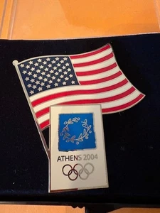 ATHENS OLYMPICS PIN US FLAG WITH ATHENS WREATH LOGO JUMBO PIN IN BOX 3" x 2-1/2" - Picture 1 of 2