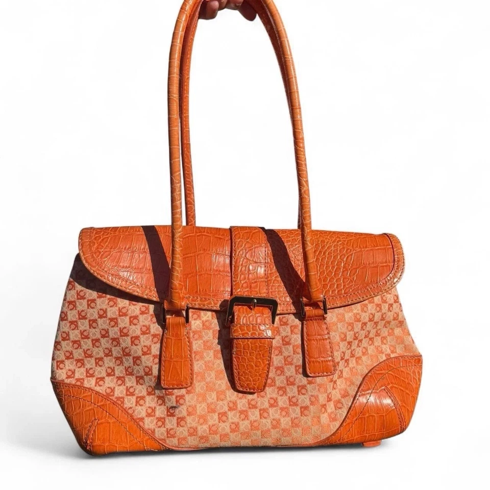 Bolso de Mano Vintage Liz Claiborne Naranja Cocodrilo Borde en Relieve Logo Y2K Foto 1 de 3