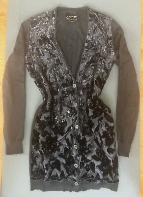 Cárdigan Suéter Grande Lanvin Largo Negro Brillo Lana Brillante Pequeño S F 34 36 Foto 1 de 4