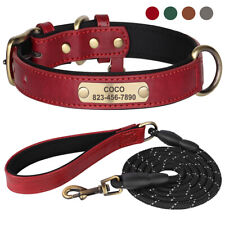 Soft Leather Padded Personalized Dog Collar and Reflective Nylon Leash Rope set