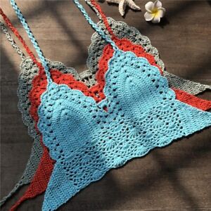 Womens Bikini Crop Top Crochet Boho Bralette Halter Cami Knitted Bra Tank Tops