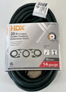 HDX 25ft 14 Gauge Outdoor Green Extension Cord With 3 Inline Outlets 15A - Picture 1 of 1