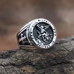 Mens Stainless Steel Catholic Signet St Saint Michael Ring Size 7-15 Gift - Picture 1 of 6