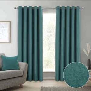 1 Pair Luxury Chenille Lined 100% Blackout Ring Top Textured Curtains - Fern - Picture 1 of 5