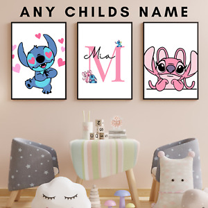 Set of 3 Personalised Disney Lilo and Stitch Wall Art Poster Print Girl Gift uk