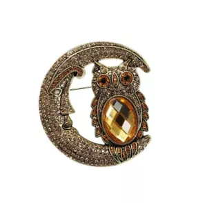 Gold Tone Crystal Owl & Moon Brooch - Picture 1 of 2