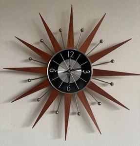 George Nelson Design Sunburst Wall Clock Wood Brown Reproduction Not Working - Picture 1 of 12
