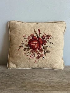 Vtg Floral Cottage Tea Rose Needlepoint Throw Pillow Velvet Back 12” Hand Stitch - Picture 1 of 14