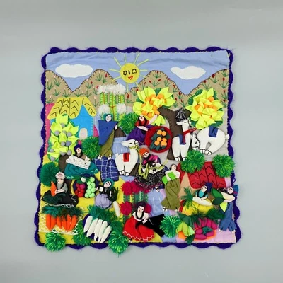Peruvian Wall Decor Arpillera Tapestry Villa Harvest Handmade 18"x19" 3D Novelty - Image 1 of 4