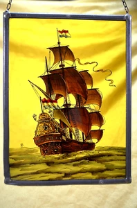 Reverse Glass Painting Maritime Buccaneer Dutch Ship Signed - Picture 1 of 5