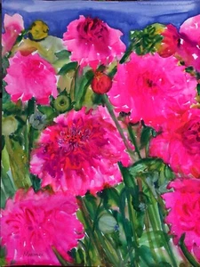 ROSA DAHLIENBLUMEN Original Aquarell Gemälde - Bild 1 von 10