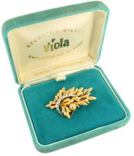 Vintage Sterling Gold Vermeil Viola Chipped Ice Leaf Design Pin Original Box