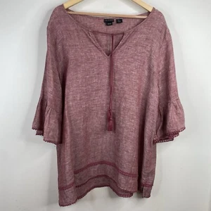 Tahari Linen Tunic 2X Peasant Top Popover 3/4 Bell Sleeve Boho Lagenlook Summer - Picture 1 of 9