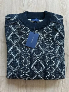 Gant Cable Knit Jumper Crew Neck Two Tone Evening Blue Size XL – Premium Luxury - Picture 1 of 14