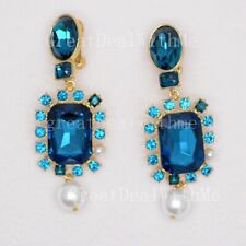 OSCAR DE LA RENTA Big Clip Earrings Blue Cut Crystal CZ Gold Plated Drop Dangle