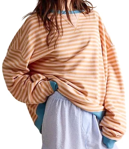 NEW FREE PEOPLE LATTE COMBO CLASSIC STRIPED OVERSIZED CREWNECK SWEATSHIRT SZ M - Picture 1 of 19
