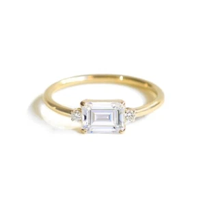 Vintage 1.20 CT Emerald Cut Moissanite Engagement Ring 14K Yellow Gold Plated - Picture 1 of 9