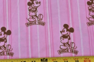 By 1/2 Yd, Brown Mickey Mouse on Pink Striped Flannel, Springs, Disney, E30 - Picture 1 of 8