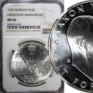 Norway Olav V Silver 1970 25 Kroner NGC MS66 Anniversary of Liberation KM#414(0) - Picture 1 of 5