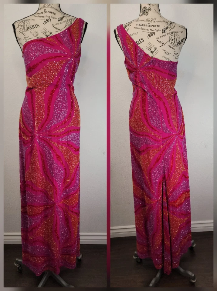 Vestido con Cuentas Colección Sean Talla S 100% Seda Un Hombro Rosa Lentejuelas Cuento de Hadas Foto 1 de 4