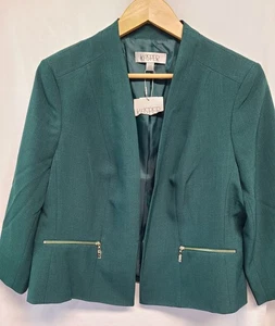 New-KASPER Green Mid-length Blazer Jacket Gold Zipper Tailored Jacket Size 14 P - Picture 1 of 13