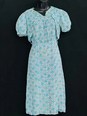 Vintage 1940s teal floral dress, blue green white short puffed sleeves 1930s S - Image 1 of 4