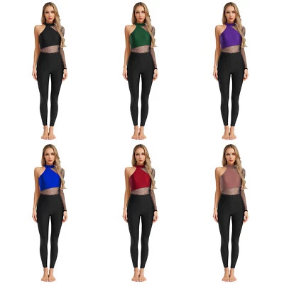 Damen Overall Kostüm Trikot Eiskunstlauf Bodysuit Tanzen Langarm Strass Tanz - Bild 1 von 4