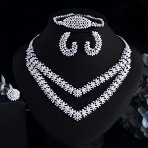 CWWZircons Circonita cúbica 2 filas de cristal americano collar pendientes pulsera anillo conjunto de joyas - Imagen 1 de 9