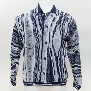 VTG Tundra Canada Men Blue White 3D Knit Sweater LG Biggie HipHop-Style Cosby 90 - Picture 1 of 11