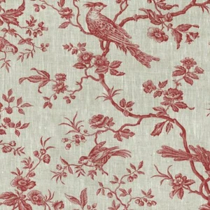 Textiles franceses The Regal Birds Toile de Jouy tela de lino - rojo burdeos - Imagen 1 de 5