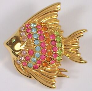 Vtg KREMENTZ Colorful Pastel Pave Crystal Rhinestone Fish Gold Plated Brooch Pin